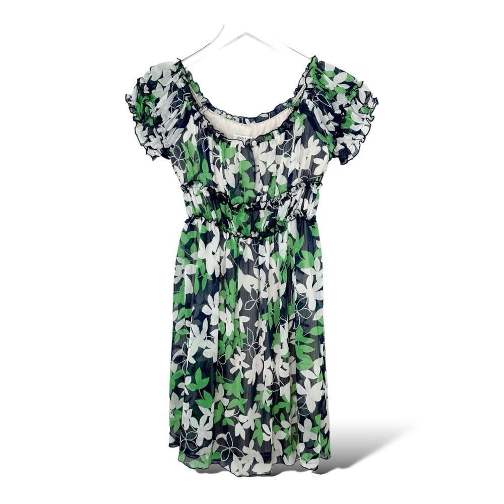Alice + Olivia Blue White Green Sheer Gathered Floral‎ Mini Dress Sz XS